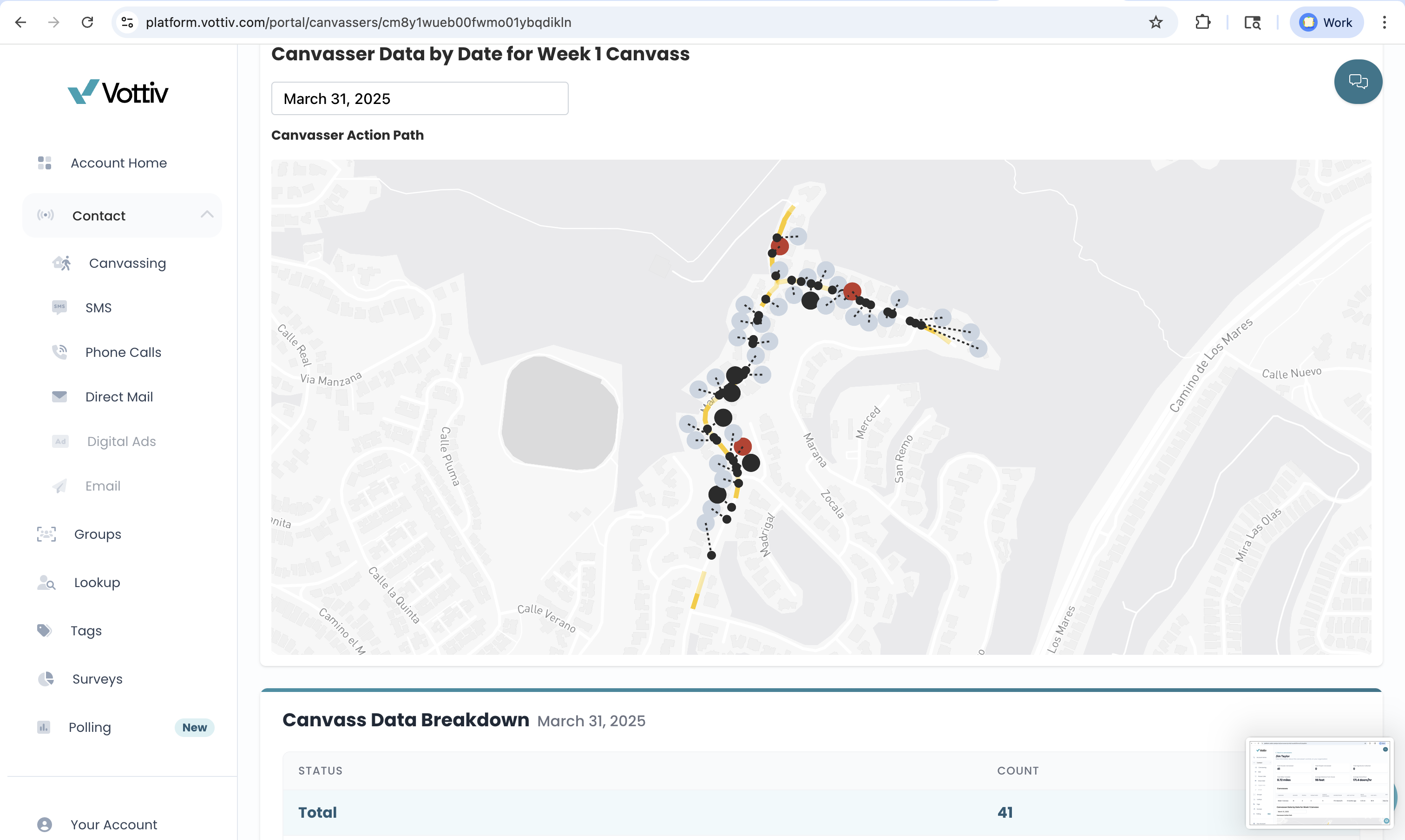 Canvasser reporting dashboard showing path tracking and door-by-door metrics